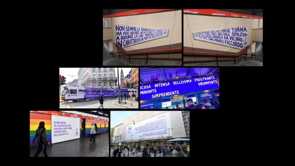 Fotografie di vari cartelloni della campagna OOH di Serenis, in giro per Milano