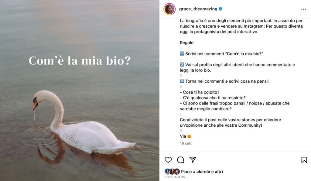 Screenshot di un post Instagram di grace_theamazing i cui chiede feedback alla sua community
