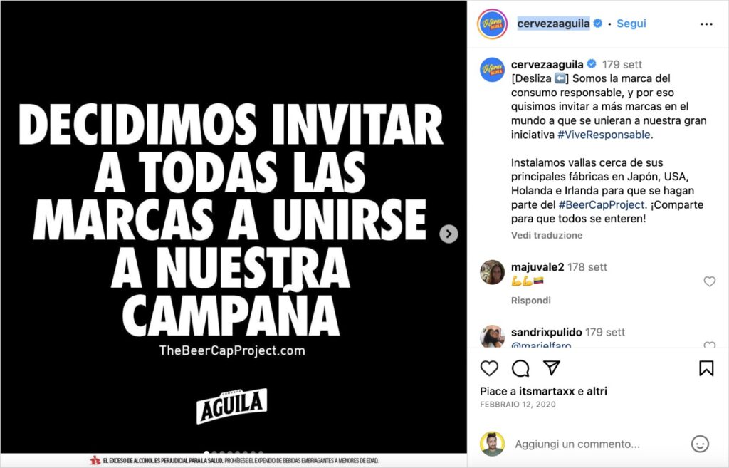 Carosello Instagram di Aguila per l'iniziativa The Beer Cap Project: una serie di immagini delle proprie installazioni pubblicitarie, in giro per il mondo