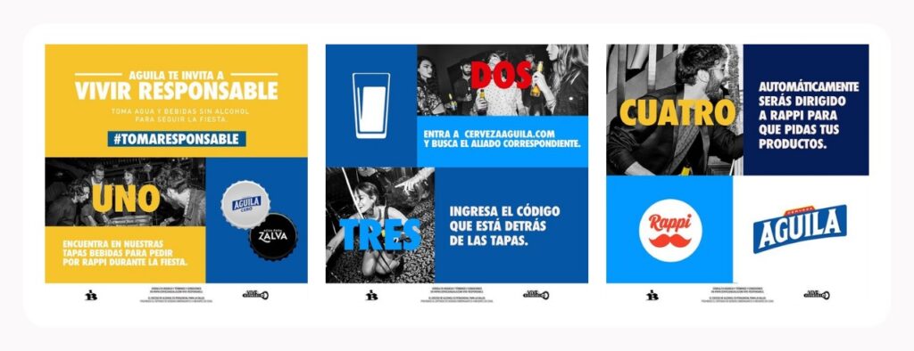 Slide di un carosello Instagram di Aguila: mostra i brand che partecipano a "The Beer Cap Project" e le modalità di riscatto dell'omaggio