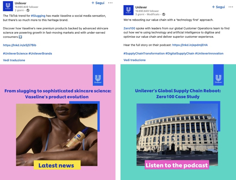 Il branding è un elemento ricorrente all'interno dei post LinkedIn di Unilever