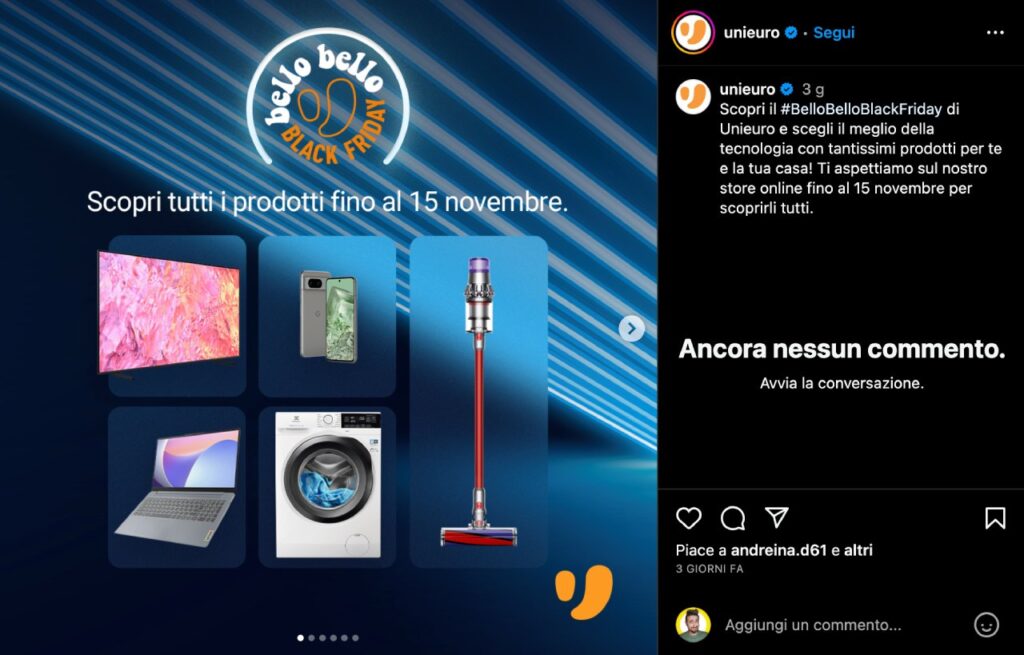 Post Instagram di Unieuro per la promozione Bello Bello Black Friday