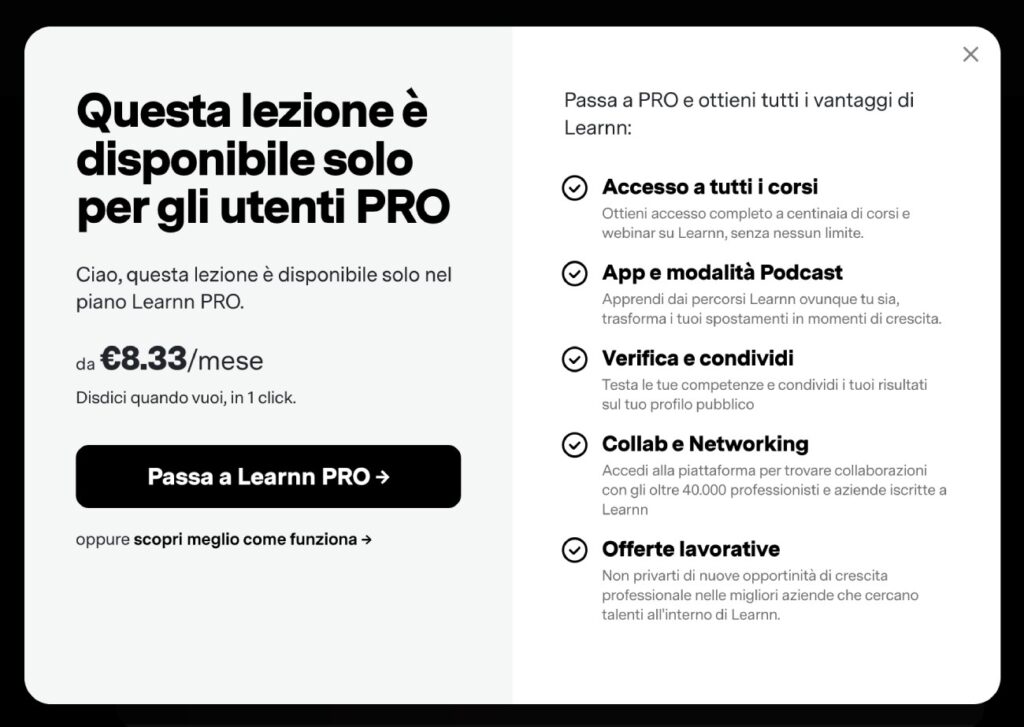 Popup di iscrizione a Learnn PRO