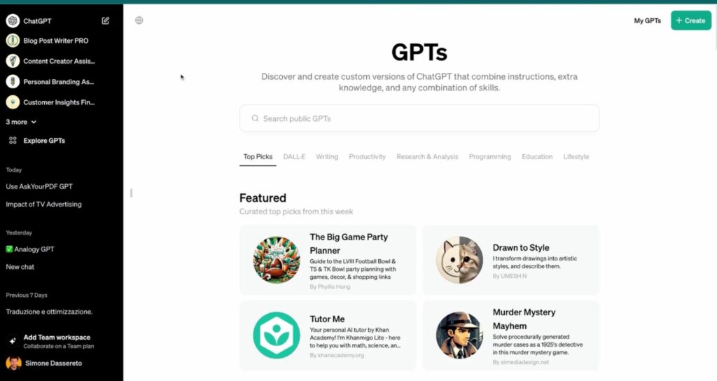 Dashboard GPT personalizzati su ChatGPT