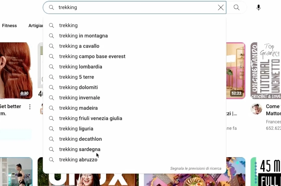 Esempio di analisi delle ricerche Youtube per la parola "trekking"