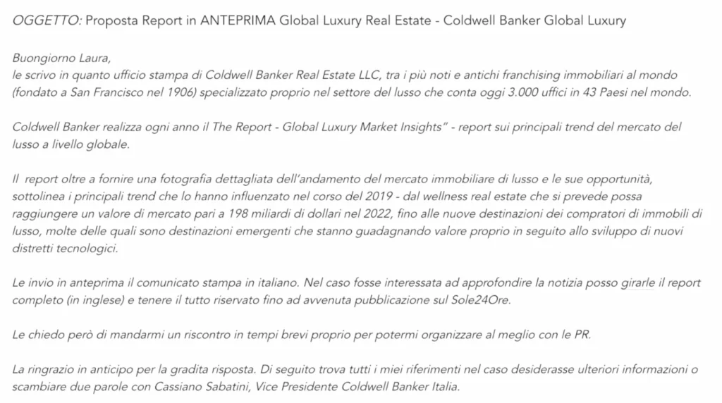 Media pitch diffuso a luglio 2020 di Coldwell Banker Global Luxury