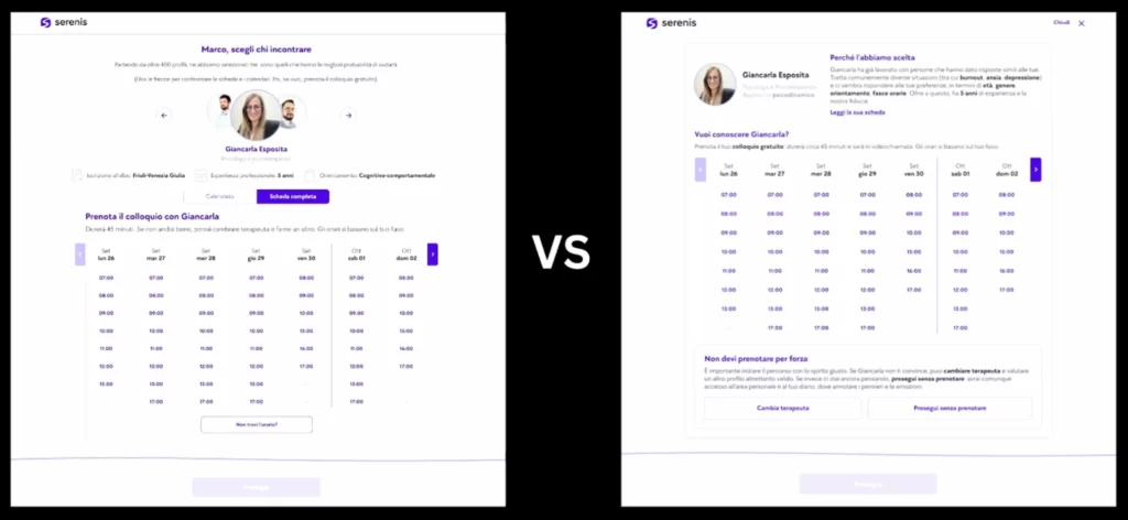 L'A/B Test per ottimizzare il processo di prenotazione su Serenis prevedeva una pagina con 3 terapeuti, e una con un solo terapeuta