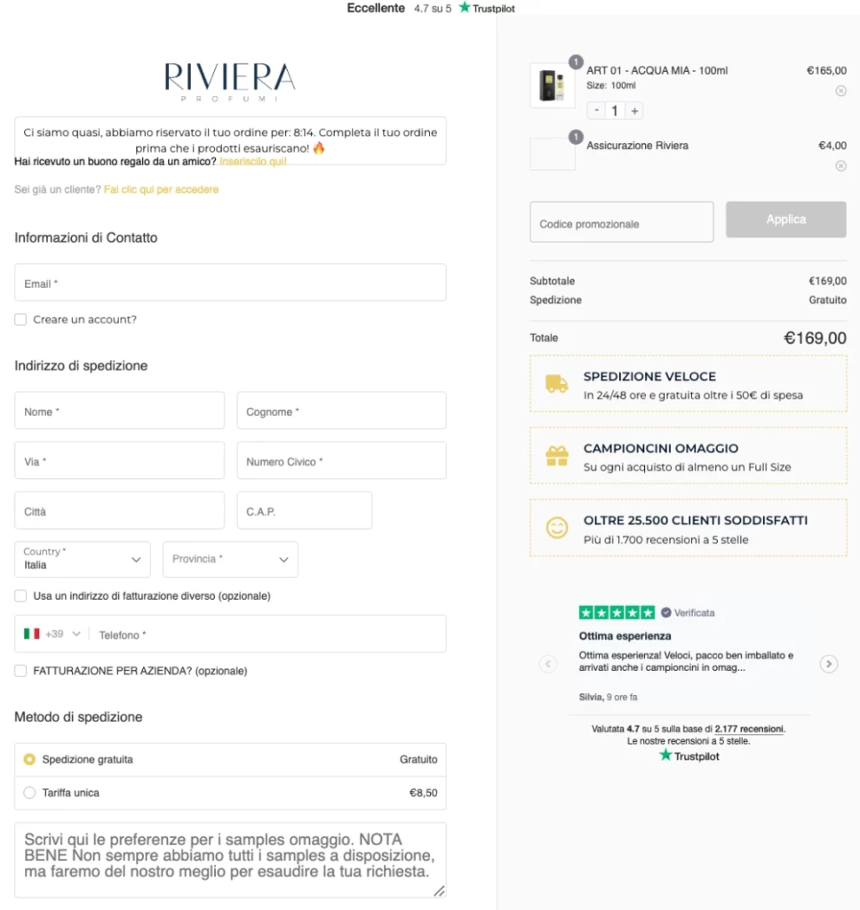 Fase di checkout dello store Riviera Profumi